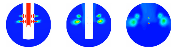 Figure 6 – Simulation of water injection: a) water injected into the desuperheater line, b) water is being evaporated, and c) remaining water droplets are impacting the desuperheater line  